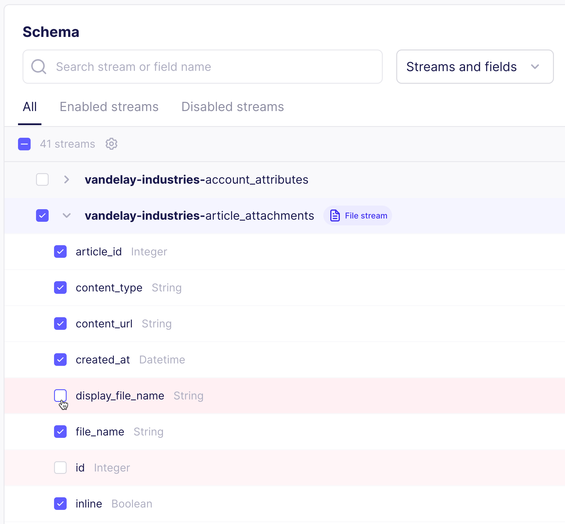 article_attachments stream with various fields selected and deselected